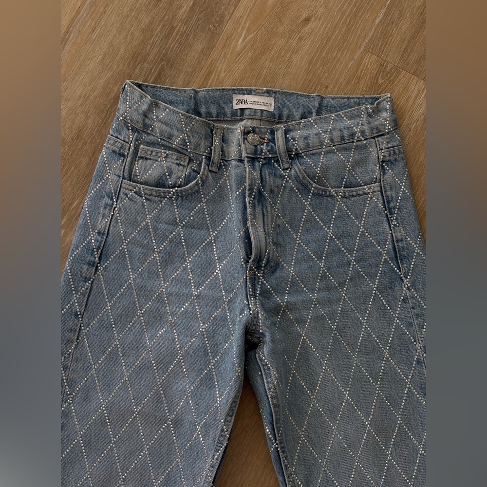 Zara Blue Rhinestone Diamond Pattern Jeans